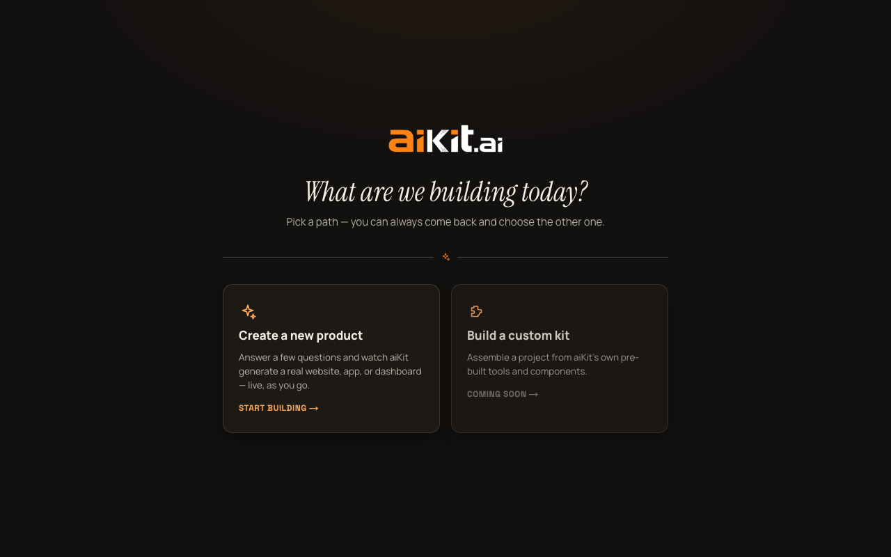 The aiKit /start entry screen: two cards, "Create a new product" and "Build a custom kit."