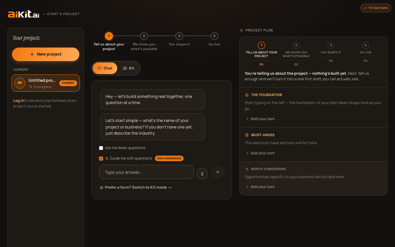 Chat mode's opening question, asking for a project or business name, with the live Project Plan panel alongside it.