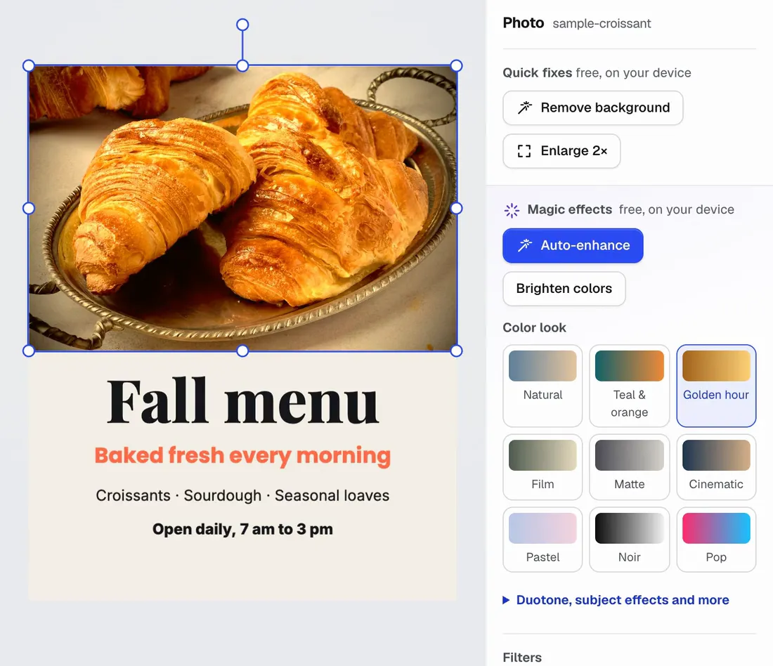 Magic Canvas switching a croissant photo through color looks (Noir, Pop, Pastel, Teal & orange, Film, Golden hour) on a Fall menu post