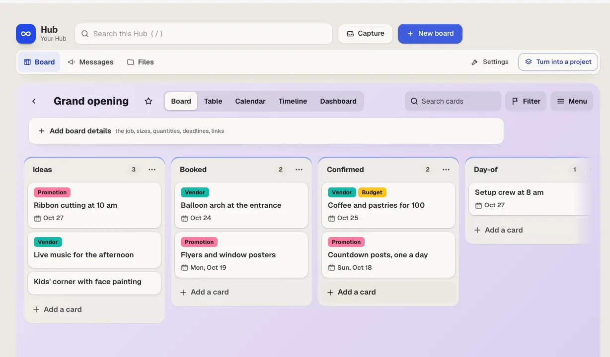 aiKit Hub: a job board with cards for a grand opening, moving through Ideas, Booked, Confirmed and Day-of