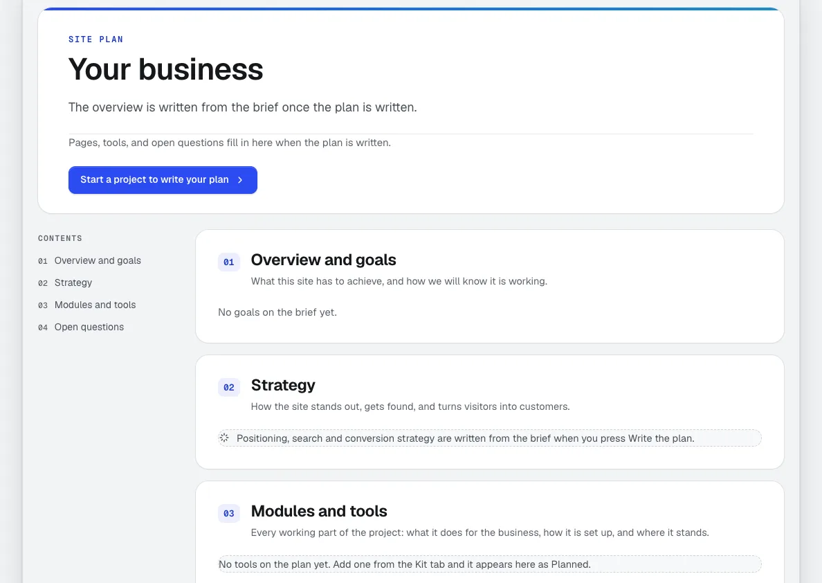 A new Site Plan: overview and goals, strategy, modules and tools, and open questions, filled in from the brief when the plan is written